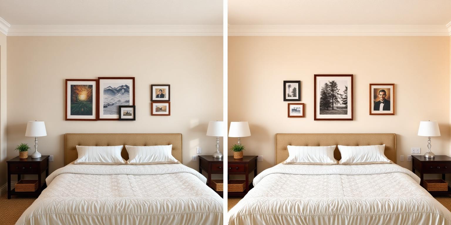 AI object removal before and after showing wall art removed and wall texture restored
