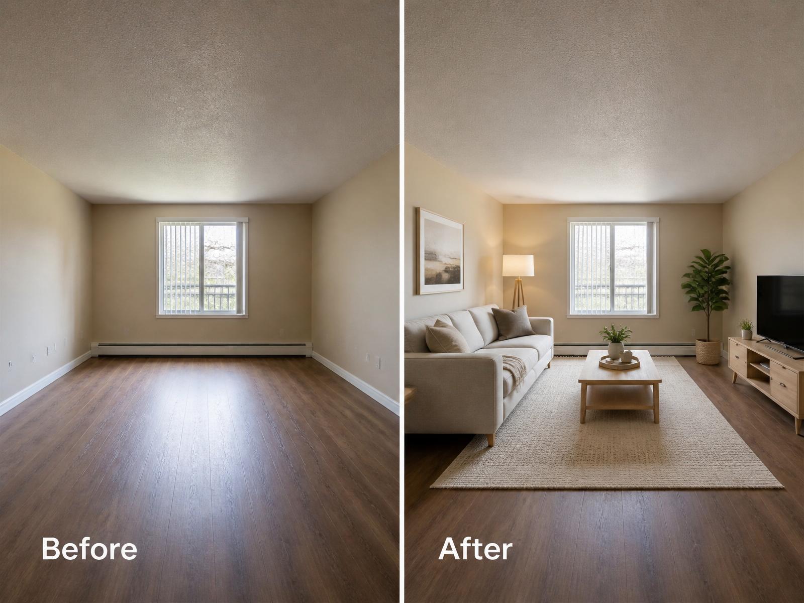 AI virtual staging before and after of a vacant rental property