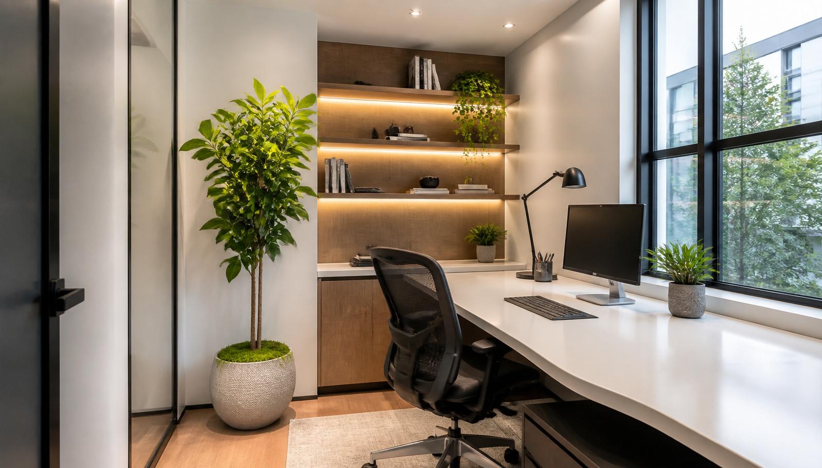Modern small office with clean white desk, ergonomic mesh chair, floating shelves and natural daylight