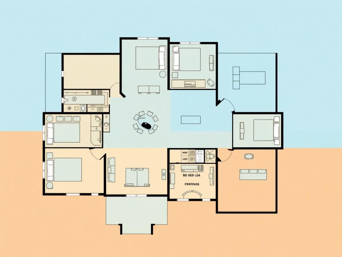 AI generated family house floor plan with multiple bedrooms and living spaces