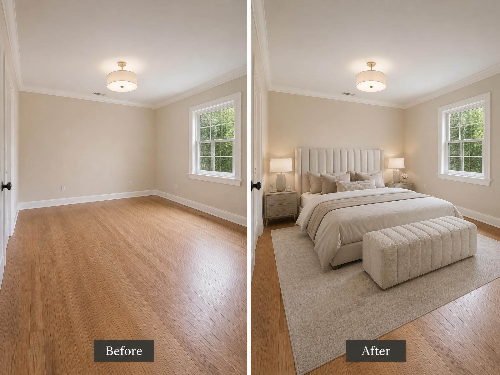 AI virtual staging before and after of an empty bedroom with luxury furniture