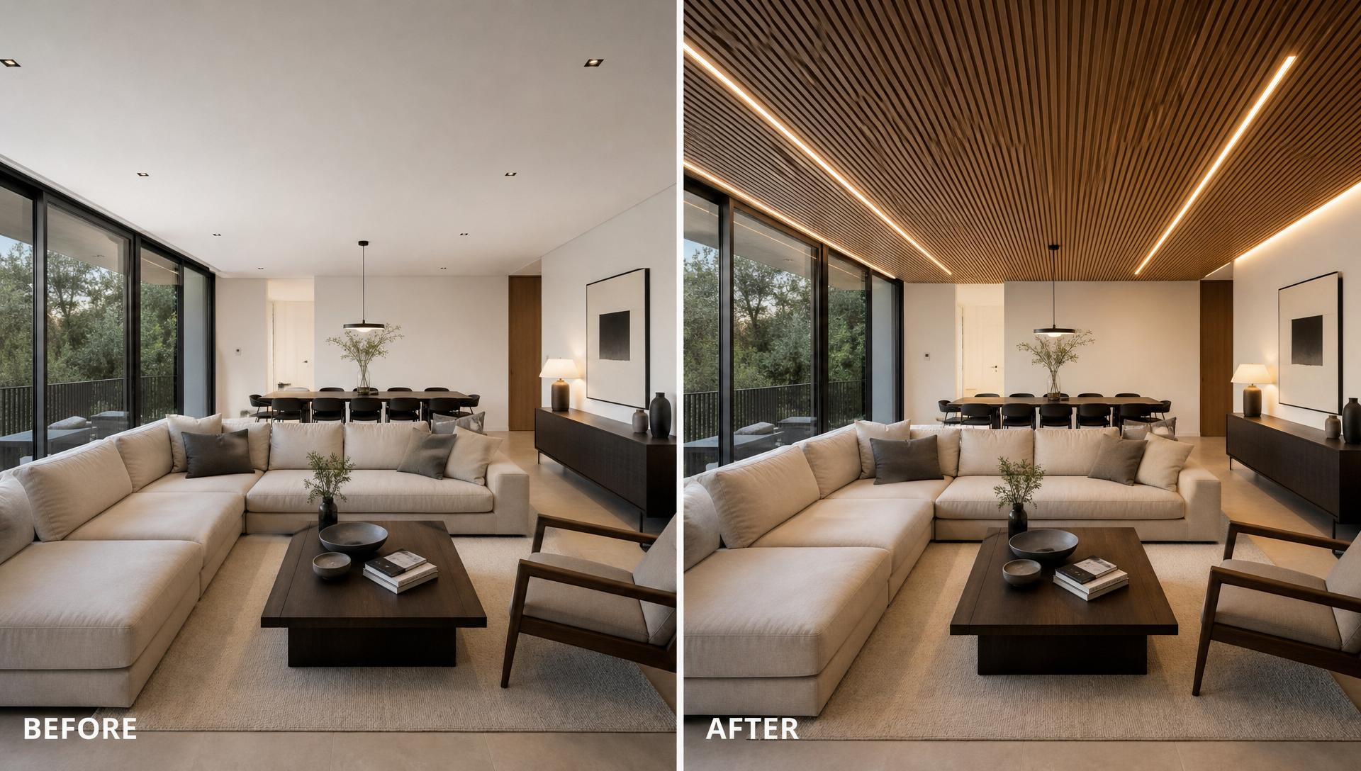 AI ceiling design before and after showing a plain ceiling redesigned as a premium wooden slat ceiling with integrated linear LED lighting