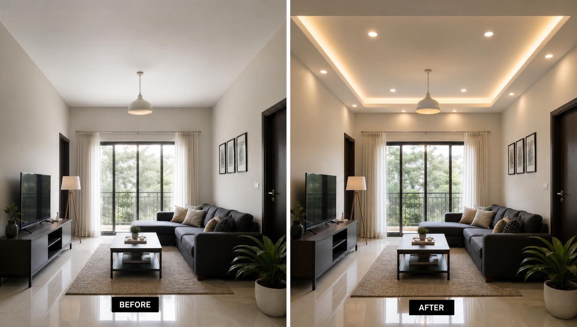 AI ceiling design before and after showing a plain flat ceiling redesigned as a modern layered gypsum false ceiling with recessed lights and warm cove lighting