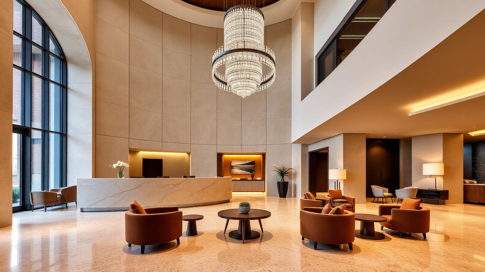 Boutique hotel lobby with travertine reception desk, plush lounge seating, sculptural chandelier and warm terrazzo floor