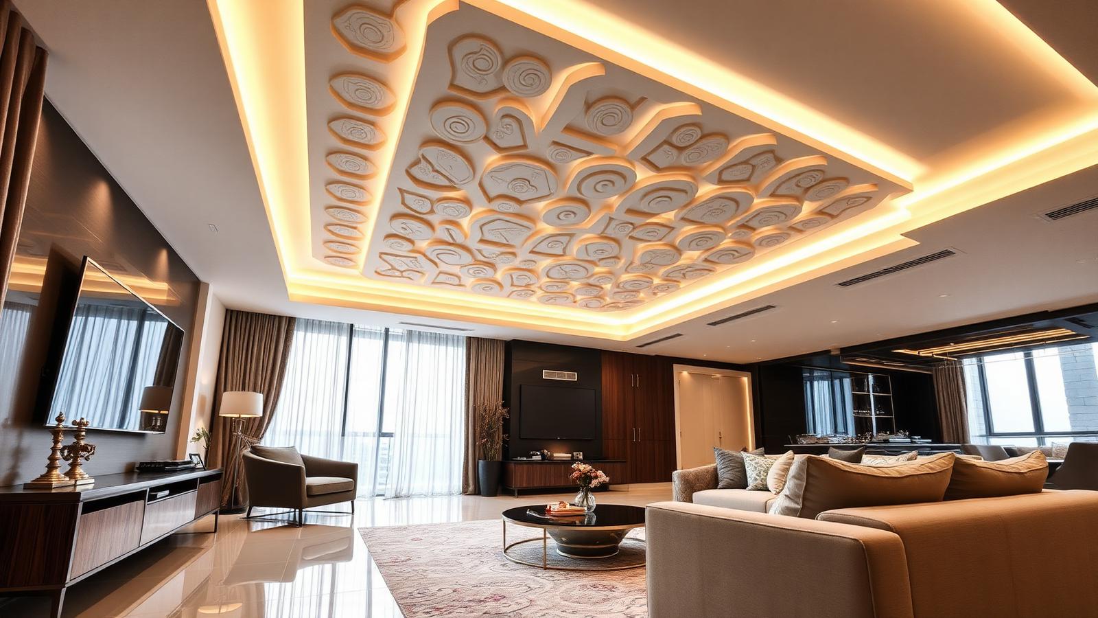 Modern living room with a layered gypsum false ceiling, warm recessed lights and subtle cove LED lighting