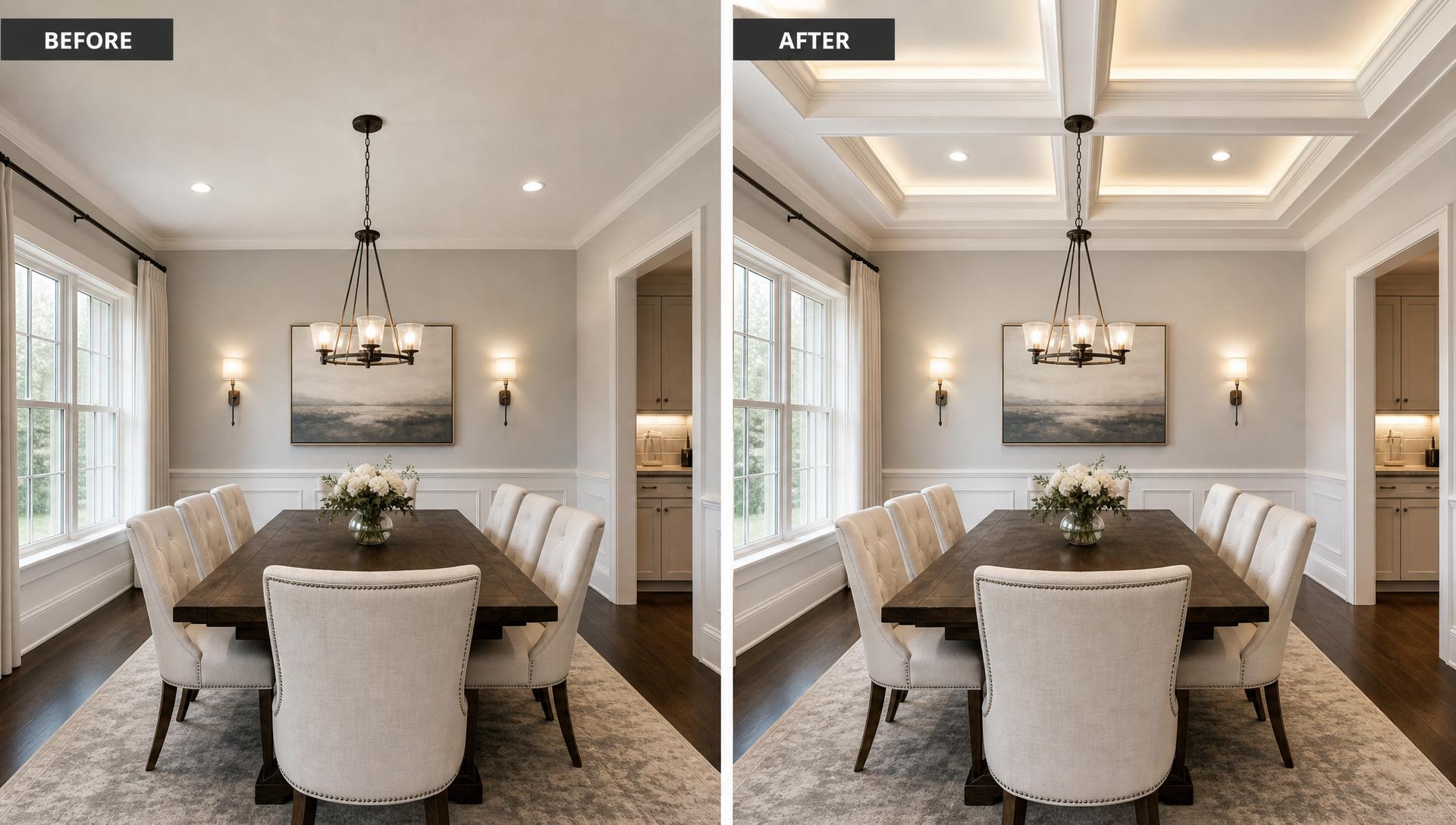AI ceiling design before and after showing a simple ceiling redesigned as a luxury white coffered ceiling with recessed and ambient lighting