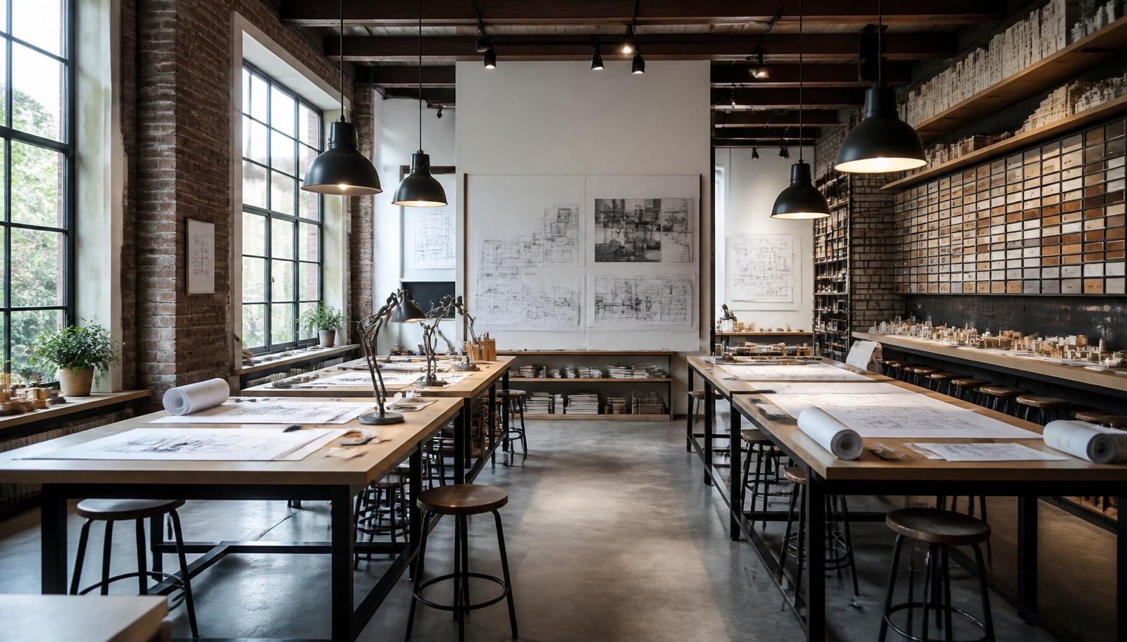 Creative architecture studio interior with drafting worktables, material samples and industrial pendant lights