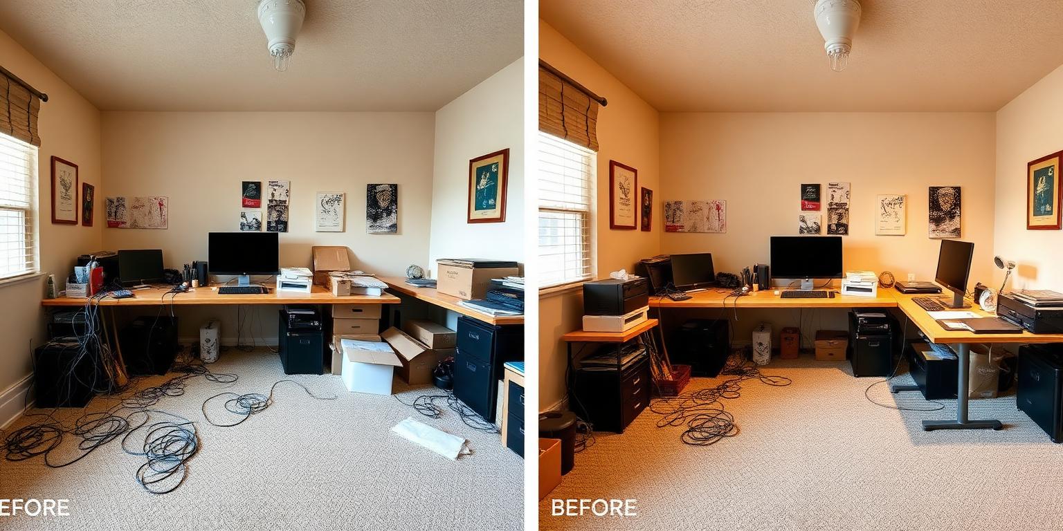 AI object removal before and after showing clutter removed from a room