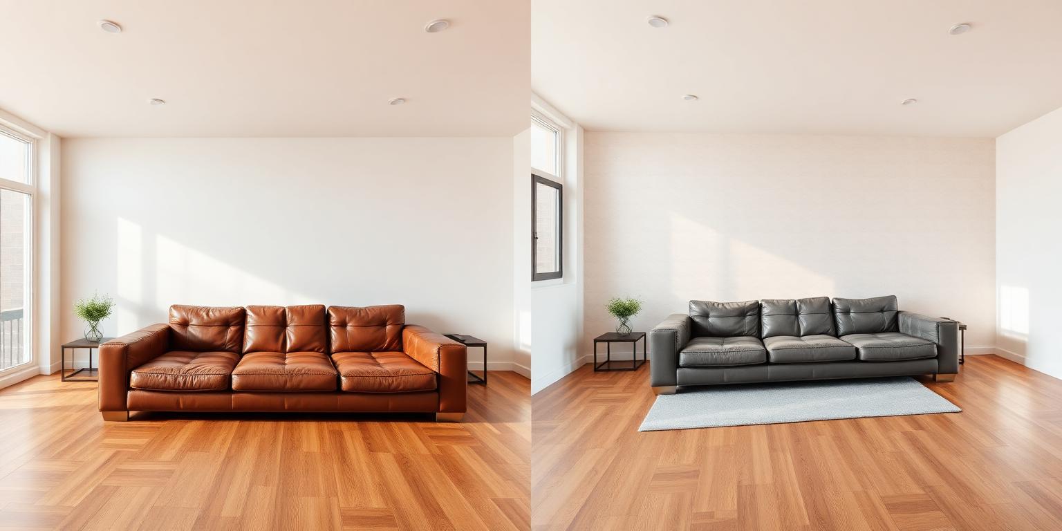 AI object removal before and after showing a sofa removed from a living room
