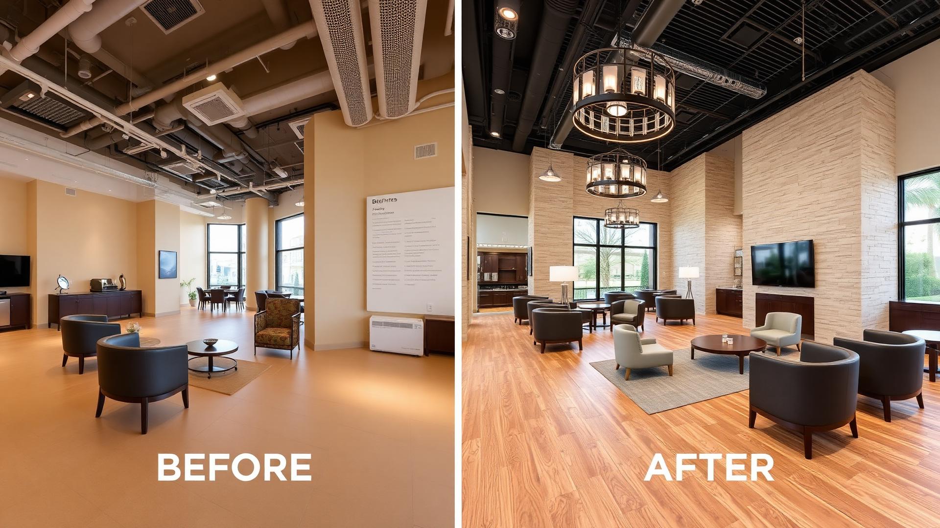 AI commercial design before and after showing a standard commercial hospitality space redesigned as a luxury business interior with stone walls, oak floor and sculptural lighting