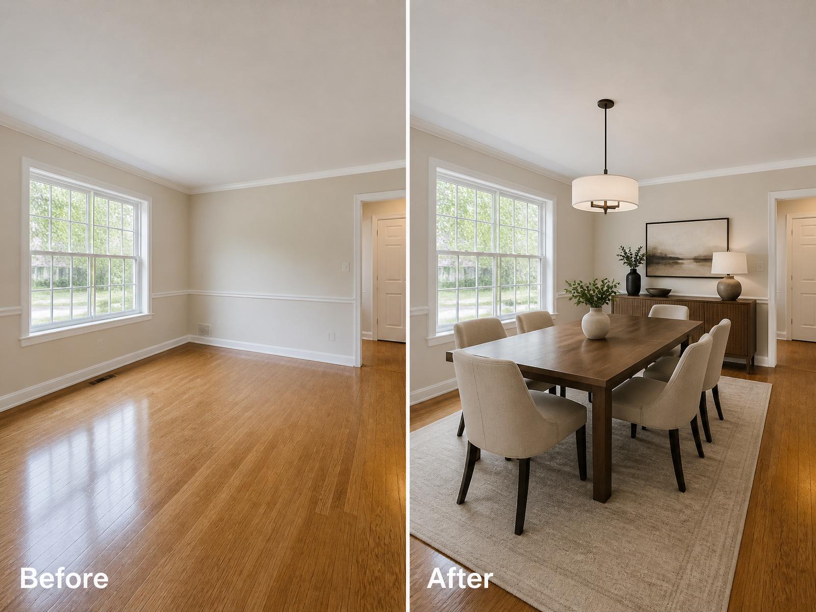 AI virtual staging of an empty dining room with contemporary furniture