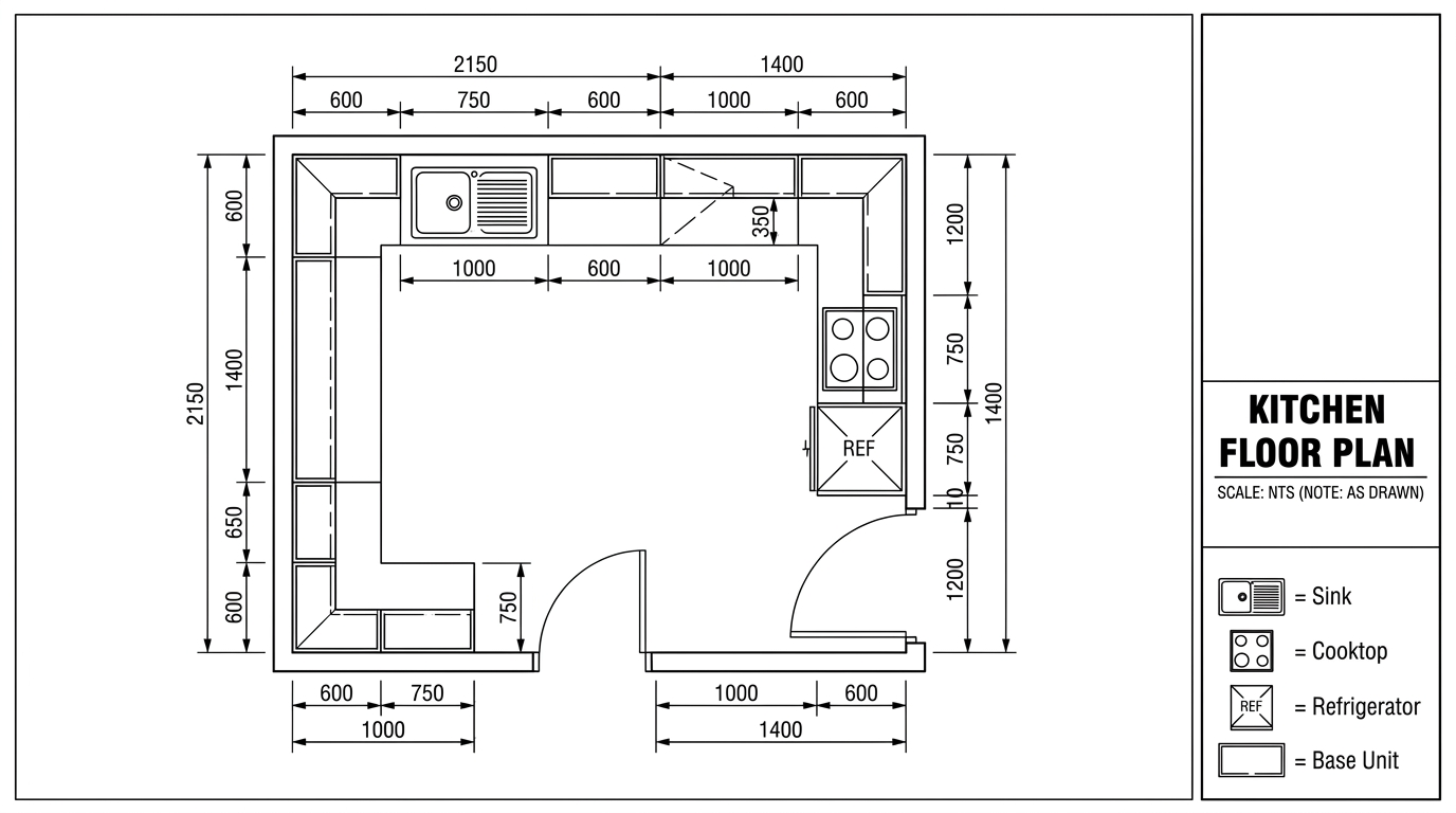 AI-recreated professional kitchen floor plan drawing with dimension lines, cabinet layout, sink, cooktop, refrigerator and legend