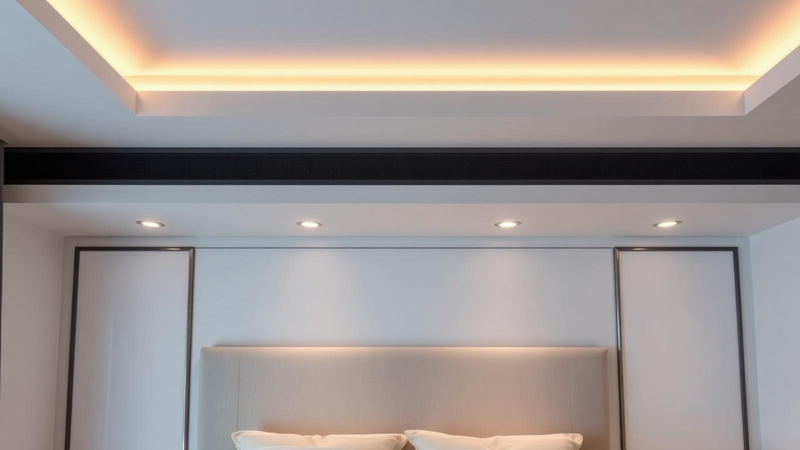 Modern bedroom with a minimal false ceiling, warm cove lighting and small recessed downlights