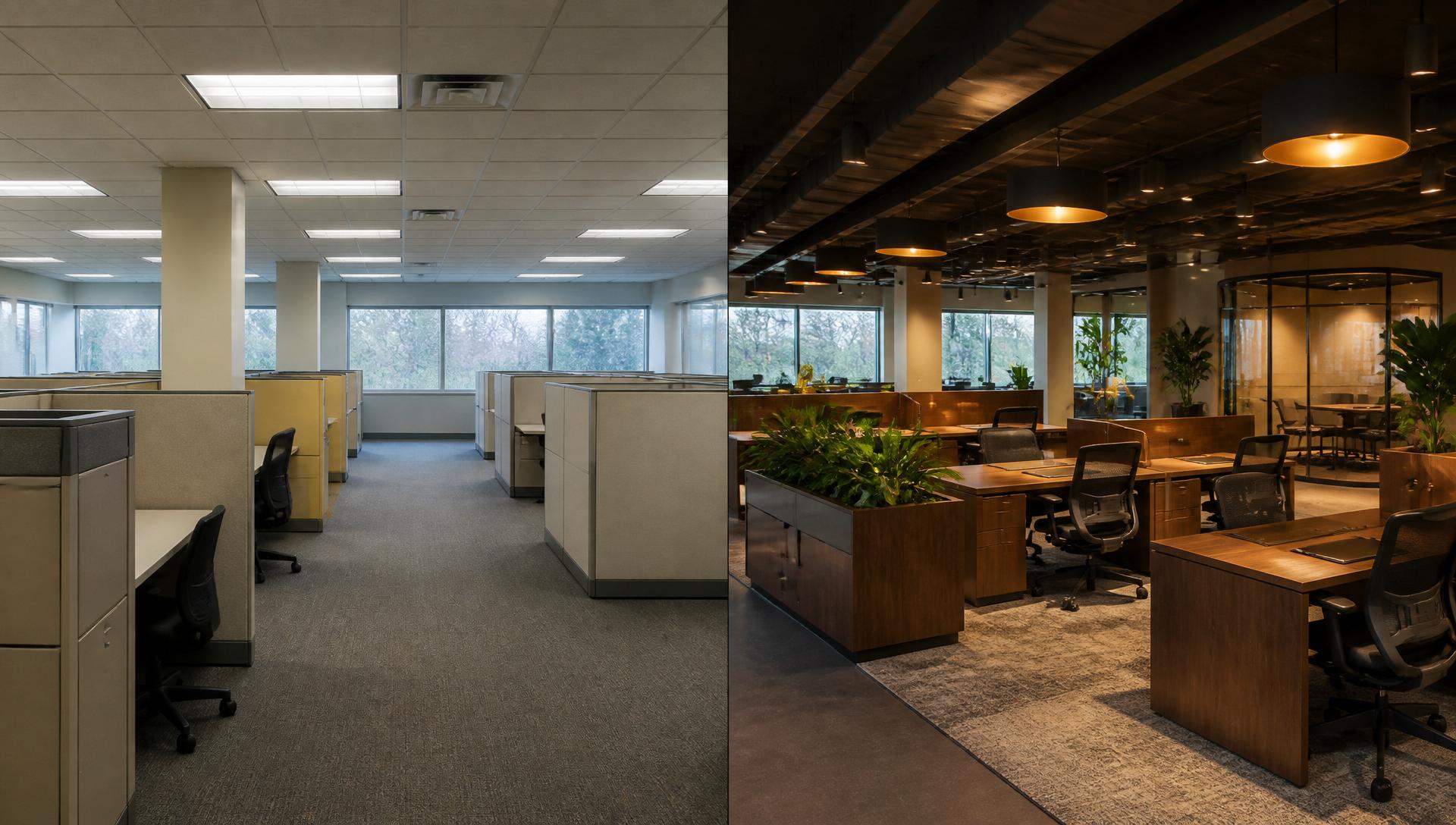 AI office design before and after showing a standard cubicle office redesigned as a premium corporate workspace with refined walnut workstations
