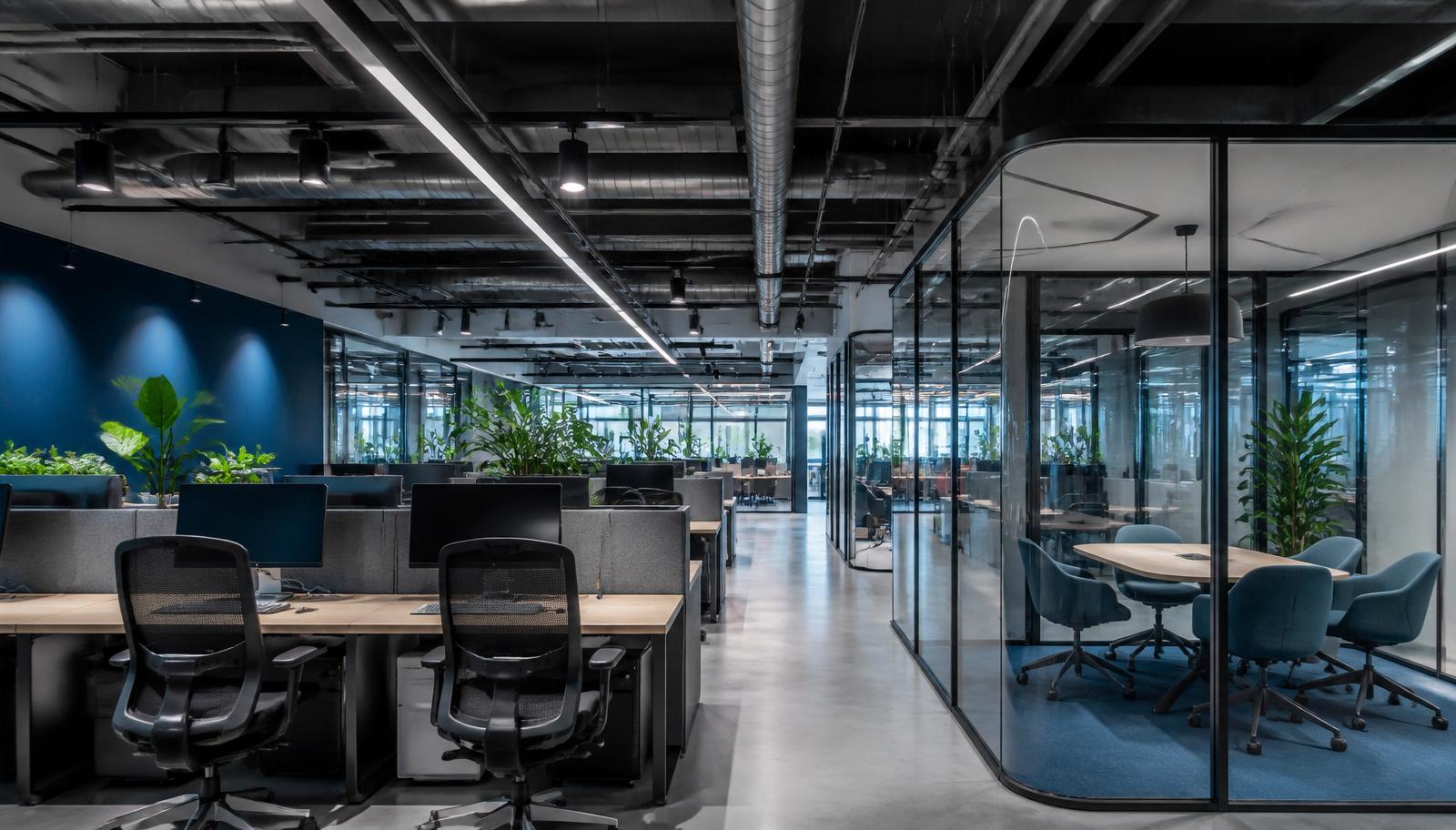 Technology company open plan office with workstations, glass meeting pods and exposed ceiling lighting