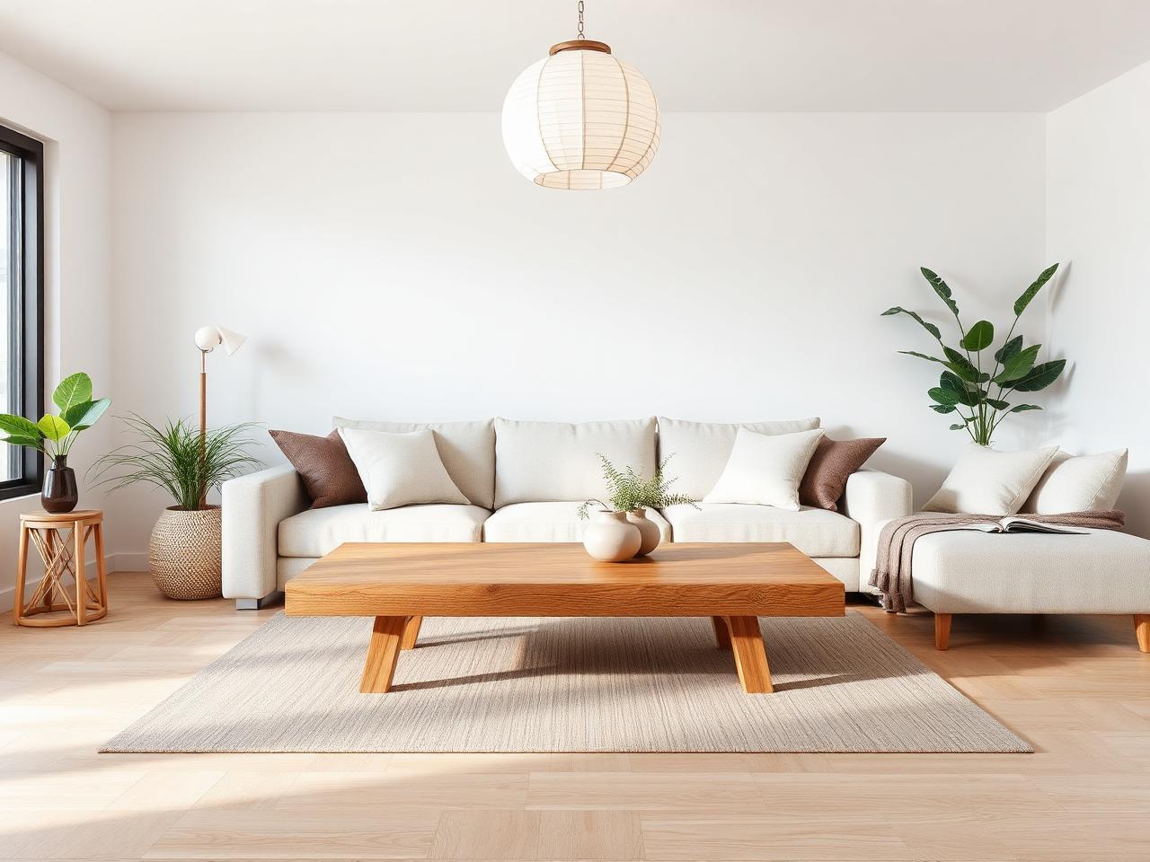 AI furniture replacement with low profile oak coffee table in Japandi room