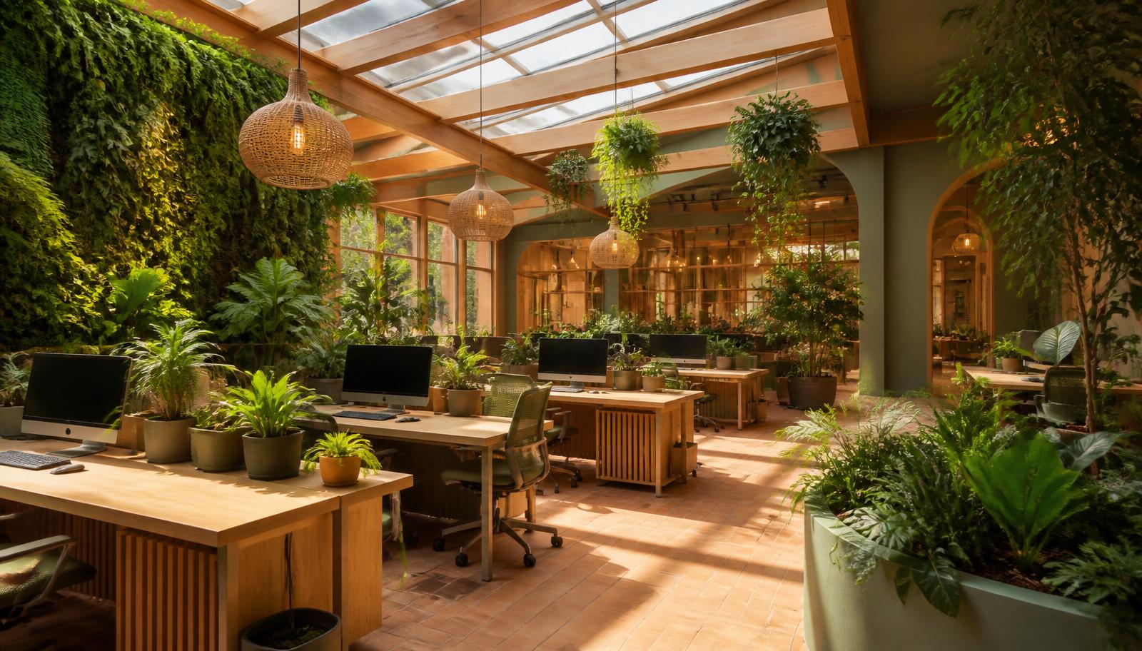 Biophilic office interior with living plant wall, natural wood workstations, hanging plants and skylights
