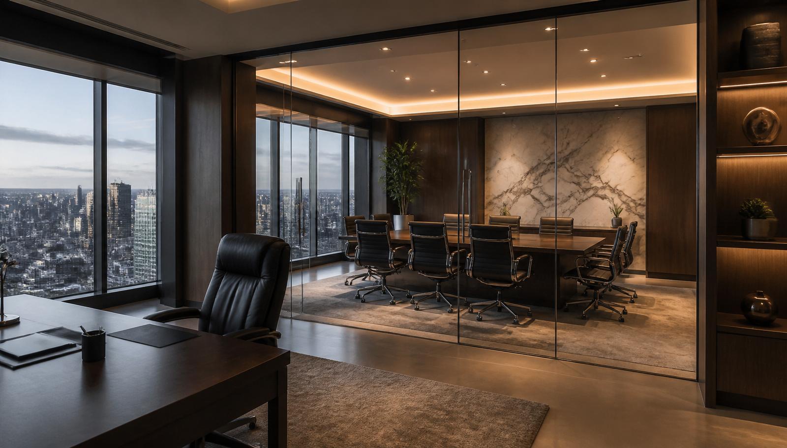 Sophisticated corporate office with walnut boardroom, executive chairs, marble accent wall and city view