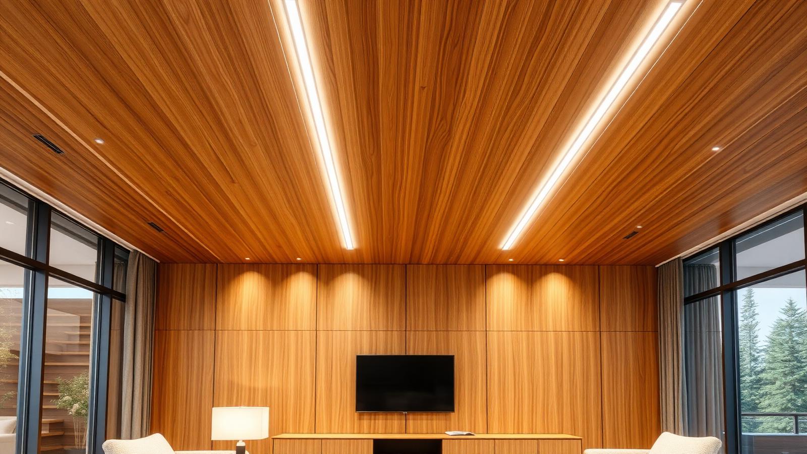 Premium interior with a natural wooden slat ceiling combined with modern linear LED lighting