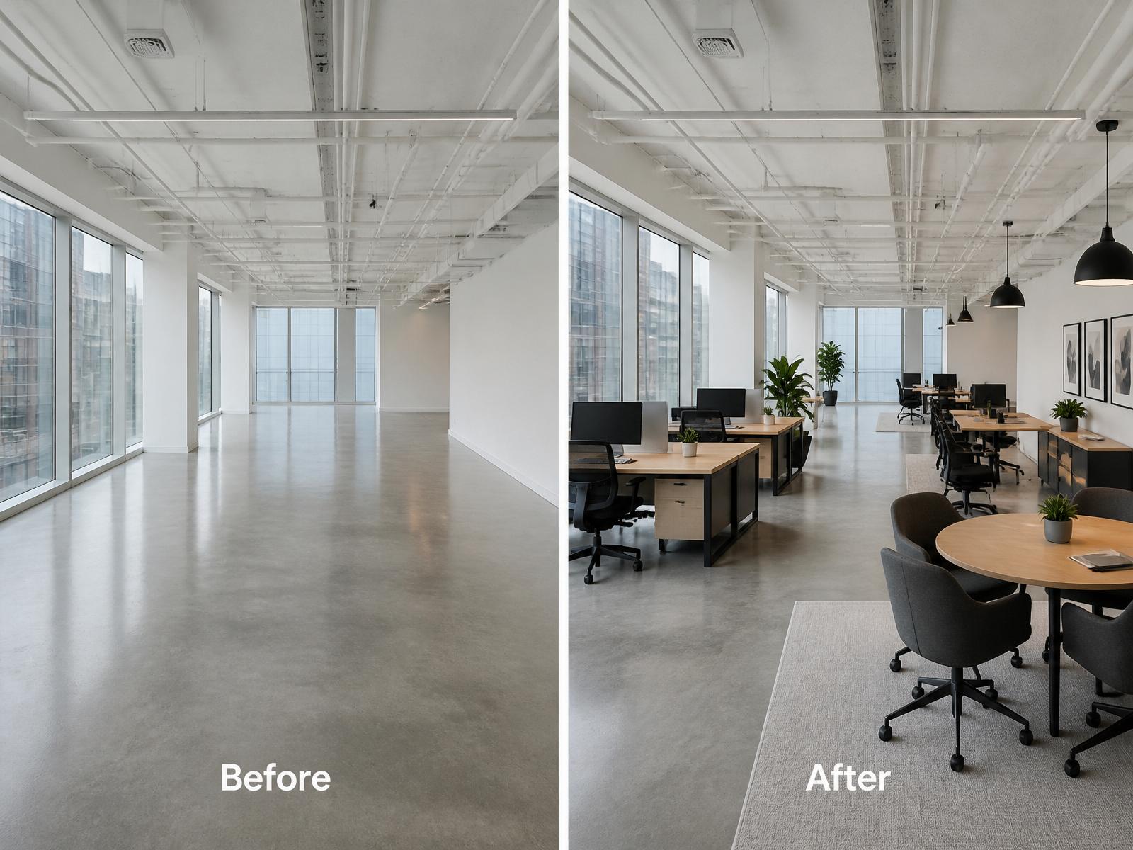 AI virtual staging before and after of an empty office with modern workspace furniture