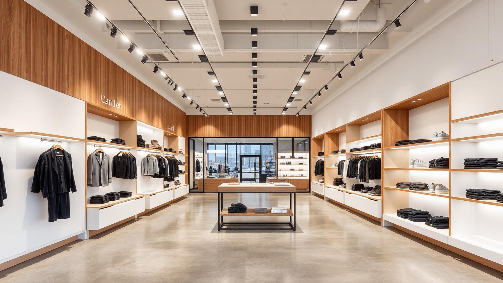 Modern retail store interior with warm oak shelving, minimal white walls, polished concrete floor and recessed LED lighting