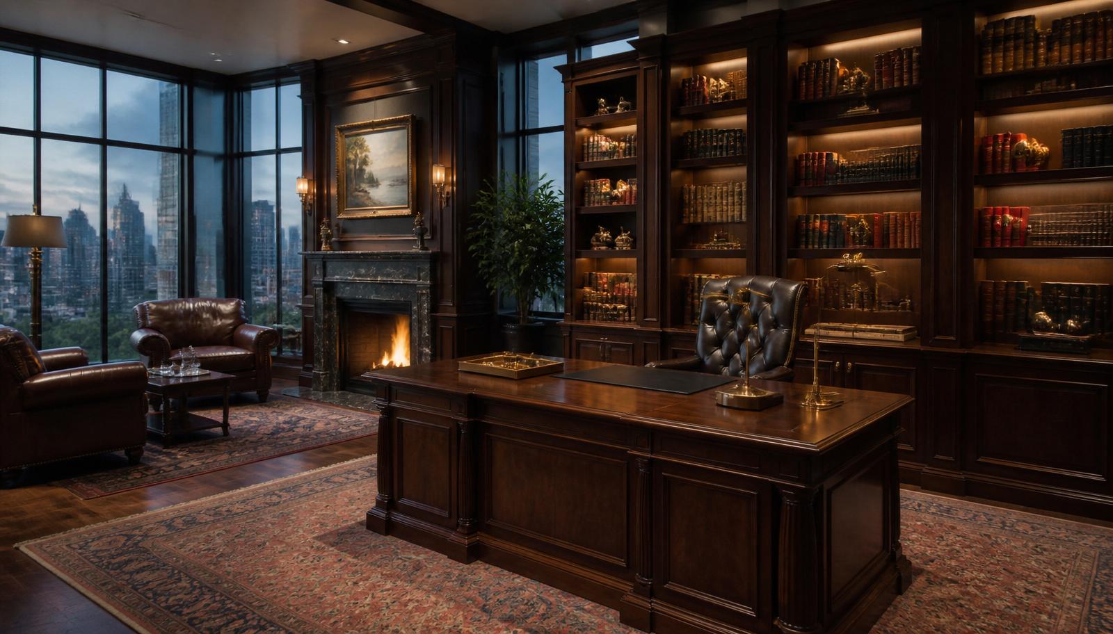 Luxury executive office with walnut desk, tufted leather chair, bookcase, fireplace and skyline view