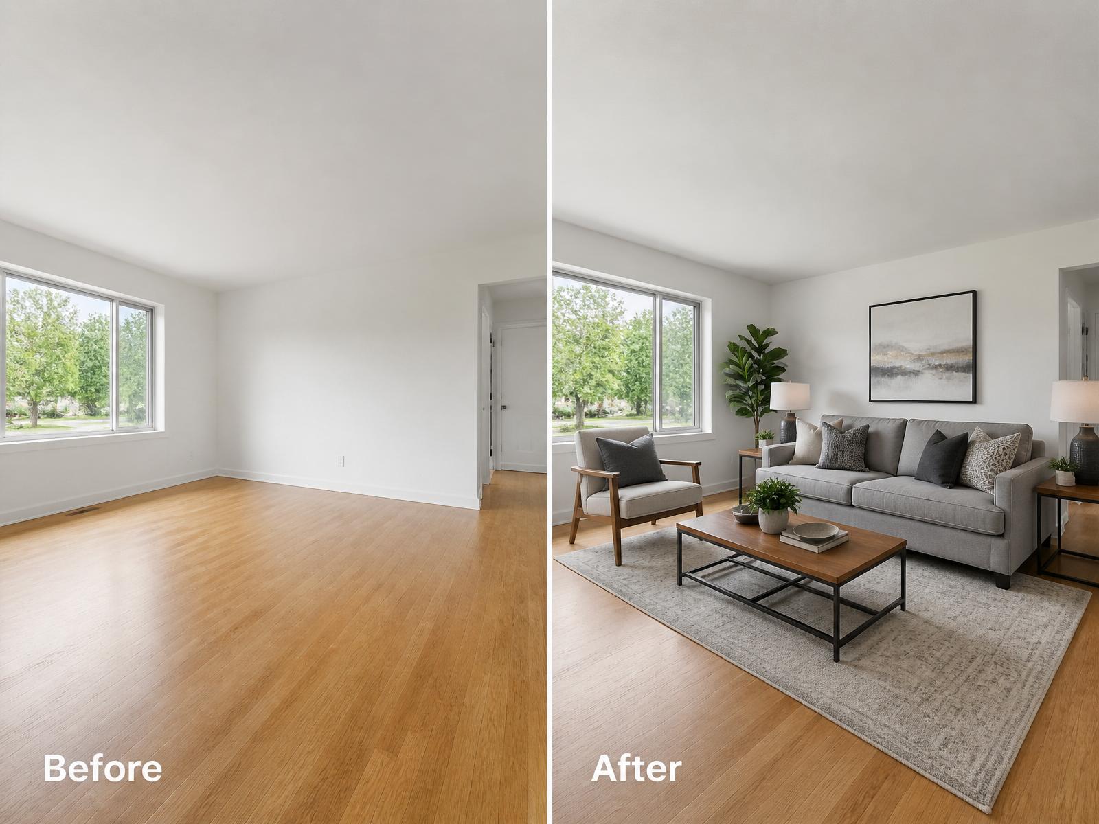 AI virtual staging before and after of an empty living room with modern furniture