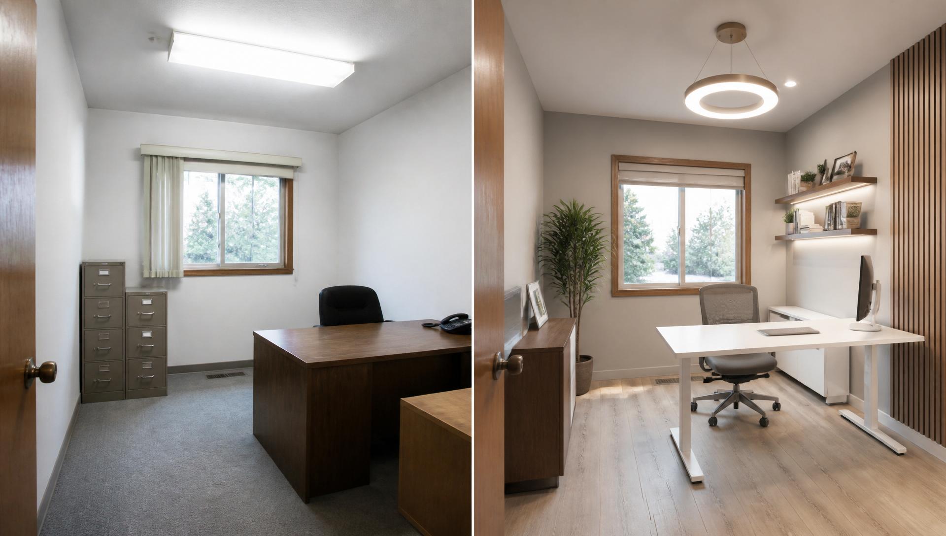 AI office design before and after showing a basic small office redesigned as a modern workspace with ergonomic furniture and improved lighting