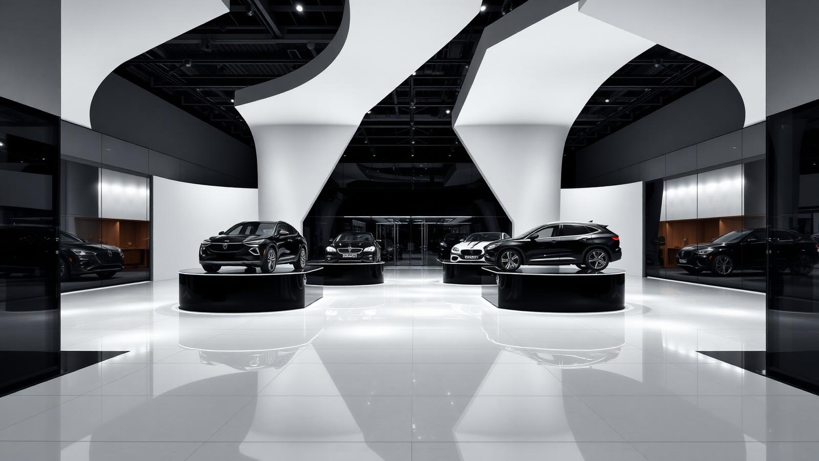 Luxury automobile showroom with polished porcelain floor, dramatic spotlights, glass walls and minimalist black and white palette