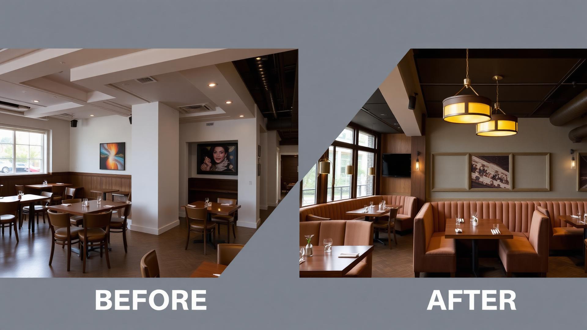 AI commercial design before and after showing a conventional restaurant redesigned as a premium restaurant with velvet banquettes, walnut paneling and warm brass pendants