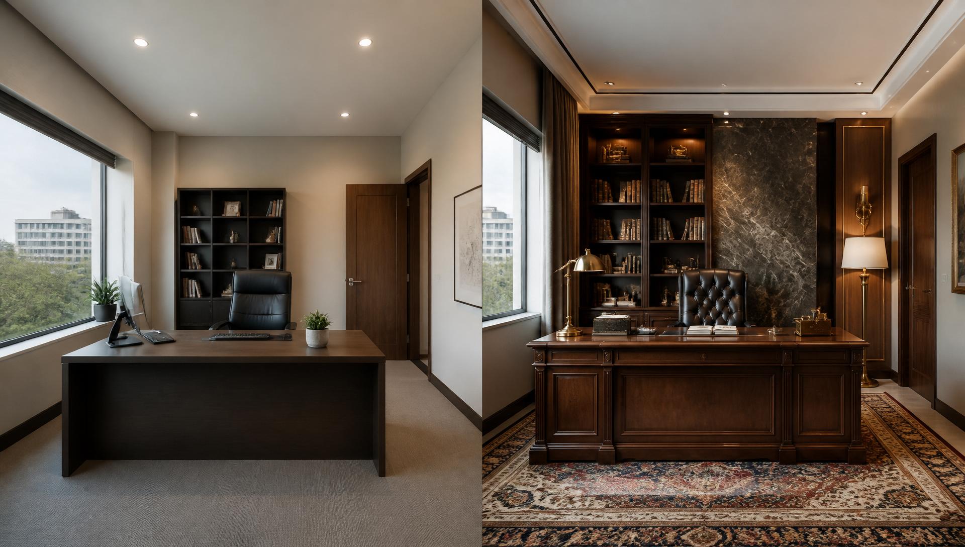 AI office design before and after showing a premium executive office redesigned as a luxury executive suite with walnut desk, marble accent and oriental rug