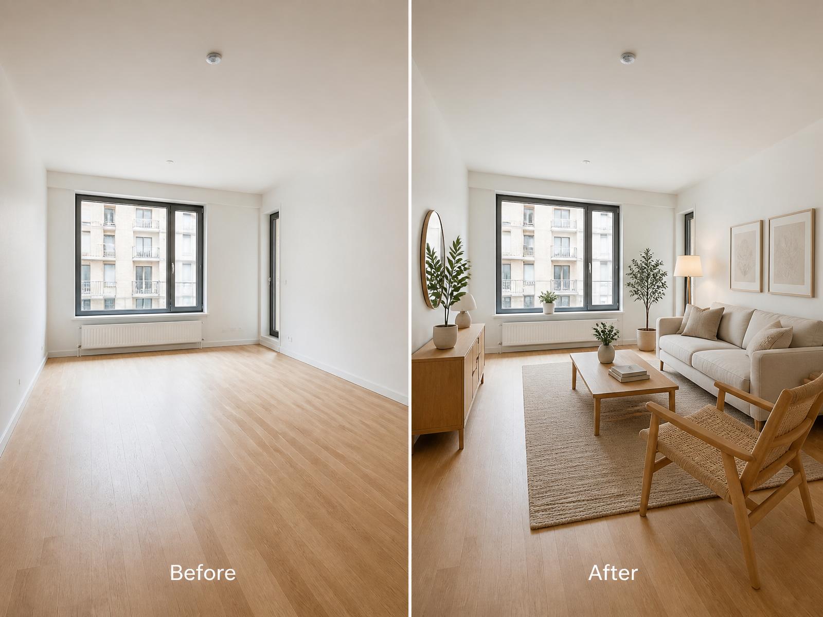 AI virtual staging of an empty apartment with Scandinavian furniture