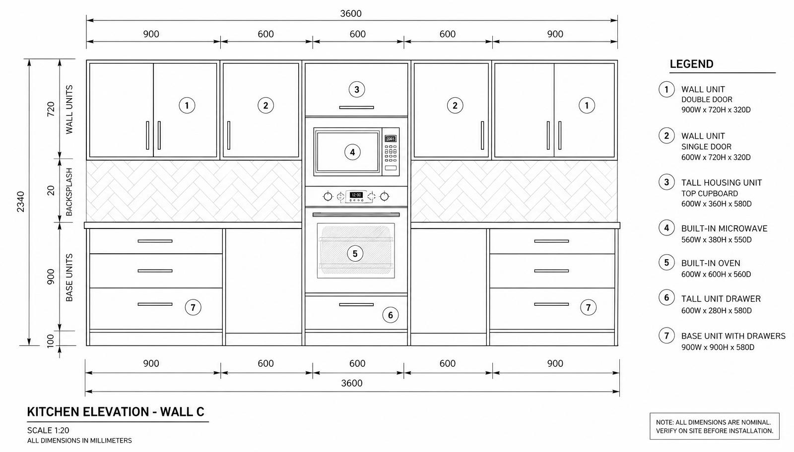 AI-recreated professional kitchen elevation drawing for Wall C with tall built-in oven housing, microwave, wall units, base drawers and legend