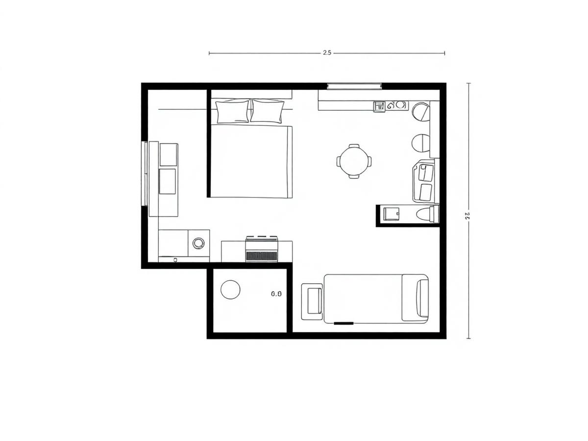 AI generated compact studio apartment floor plan with optimized space planning