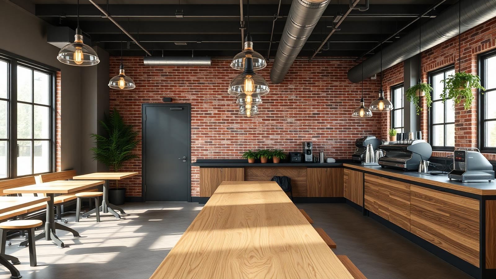 Contemporary cafe interior with light oak communal table, industrial pendant lights, exposed brick wall and espresso bar