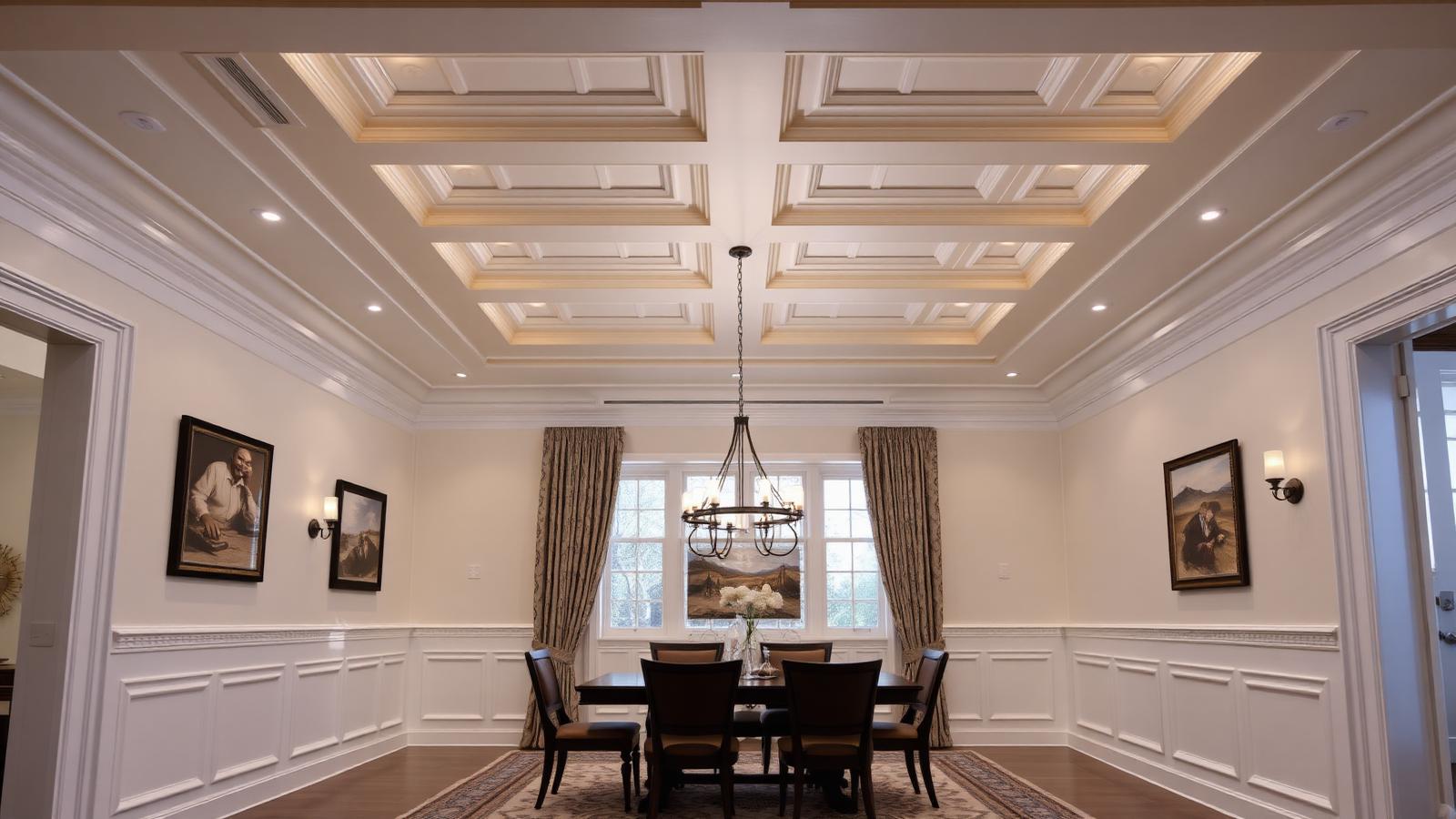 Elegant dining room with a realistic architectural coffered ceiling and warm recessed lights