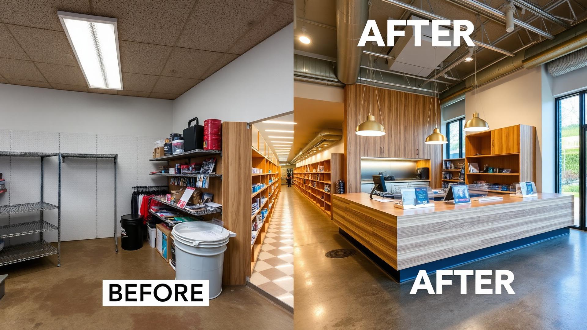 AI commercial design before and after showing a plain small retail store redesigned as a modern retail interior with warm oak shelving, LED lighting and organized checkout