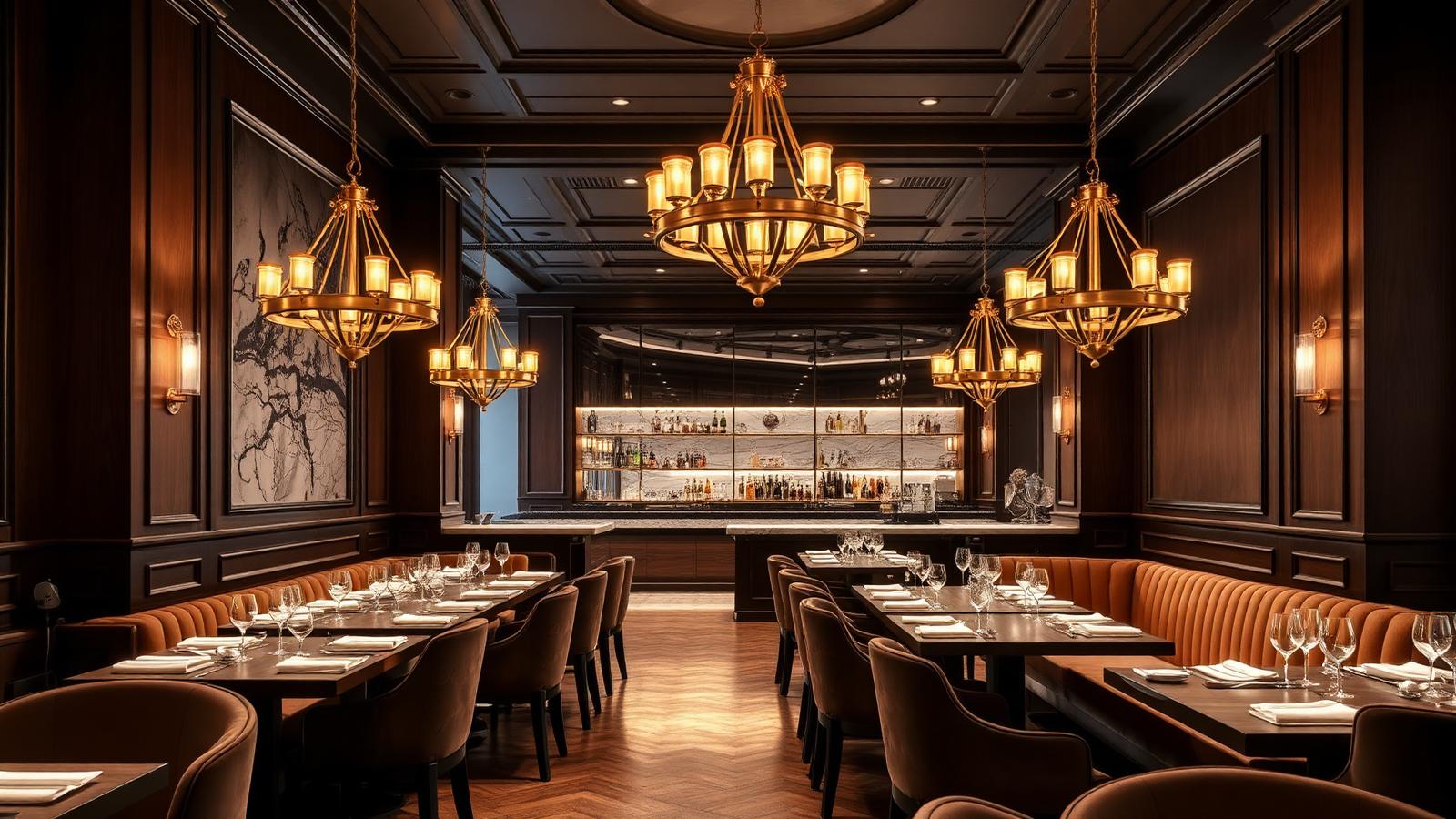 Luxury restaurant interior with dark walnut paneling, velvet banquettes, brass chandeliers and warm layered lighting