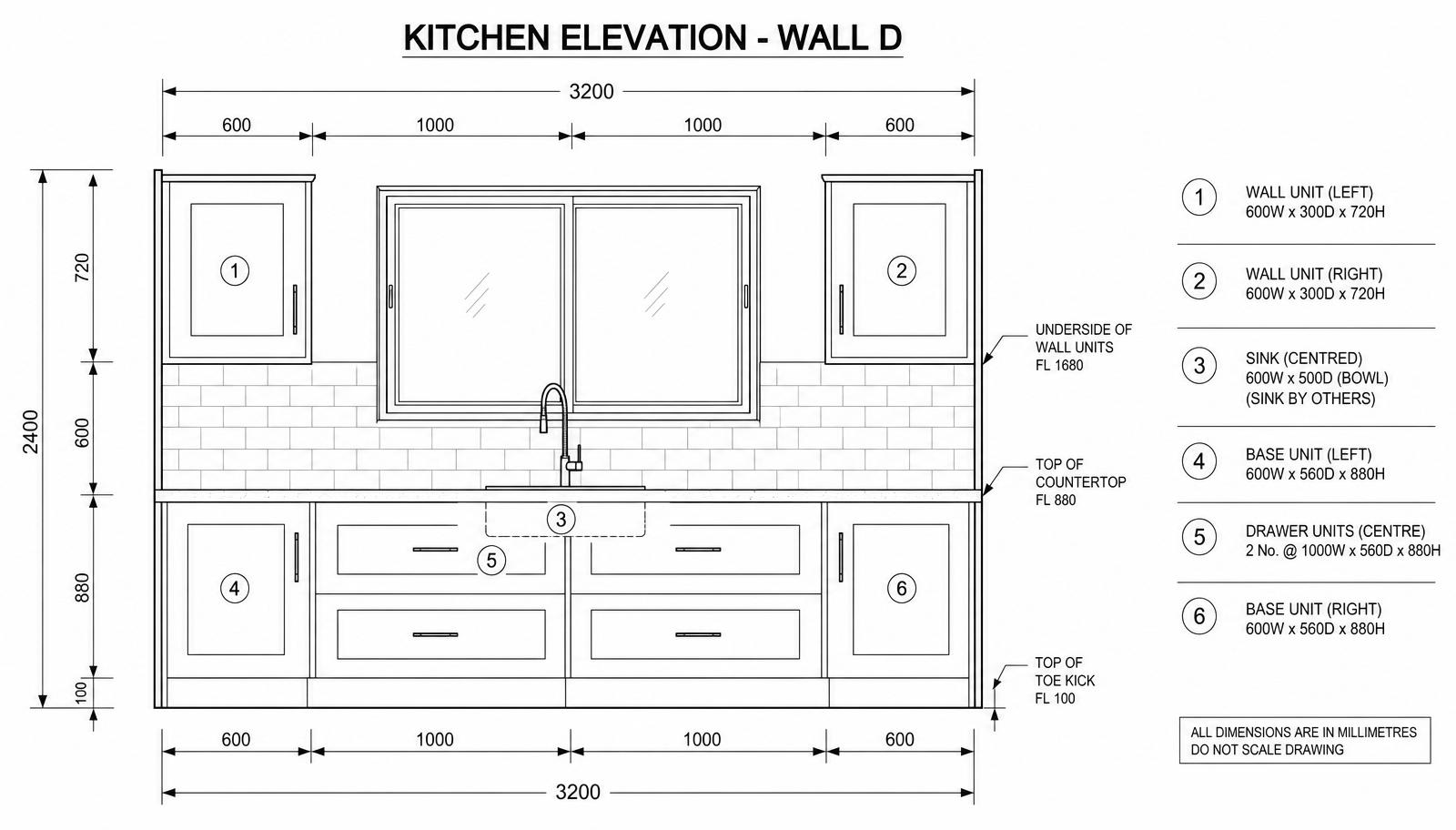 AI-recreated professional kitchen elevation drawing for Wall D with window, sink, base drawers, flanking wall units and legend