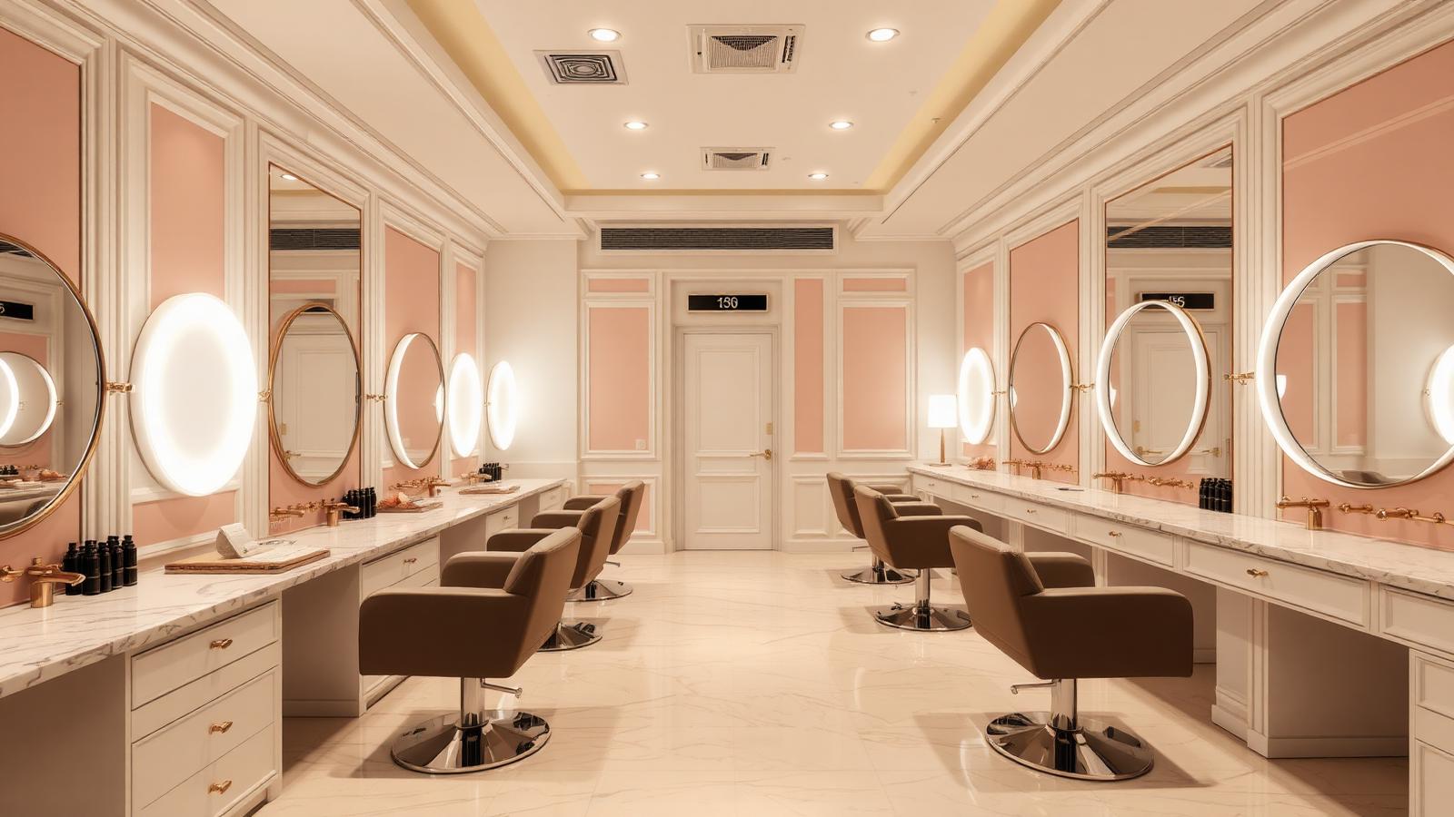 Premium beauty salon interior with backlit round mirrors, marble counters, brass fixtures and soft warm lighting