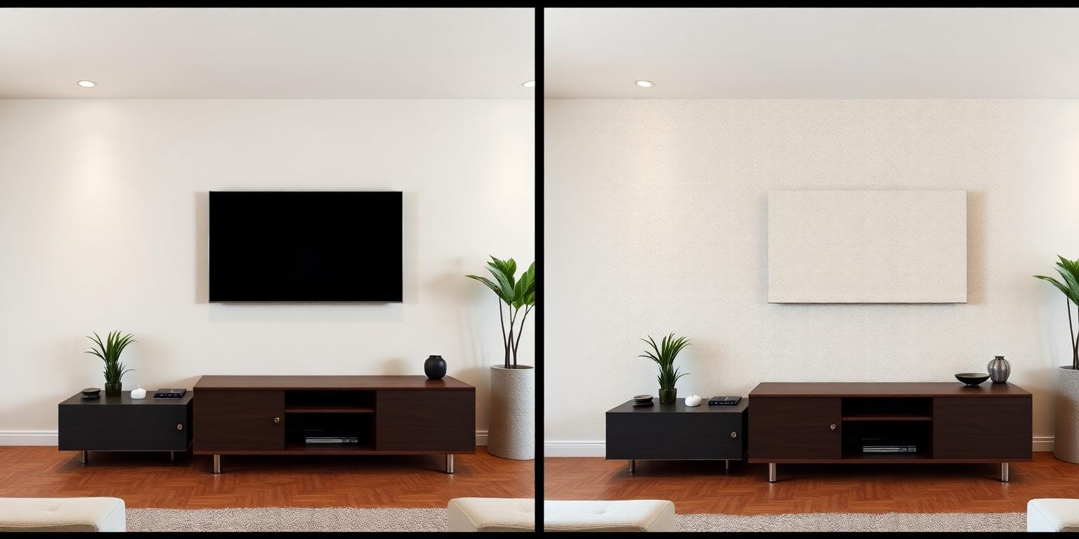 AI object removal before and after showing a television removed from a living room wall