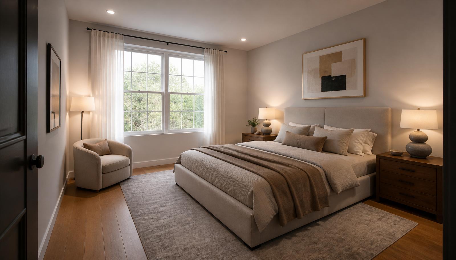 Same bedroom redesigned in modern style with upholstered bed, walnut nightstands and warm oak flooring