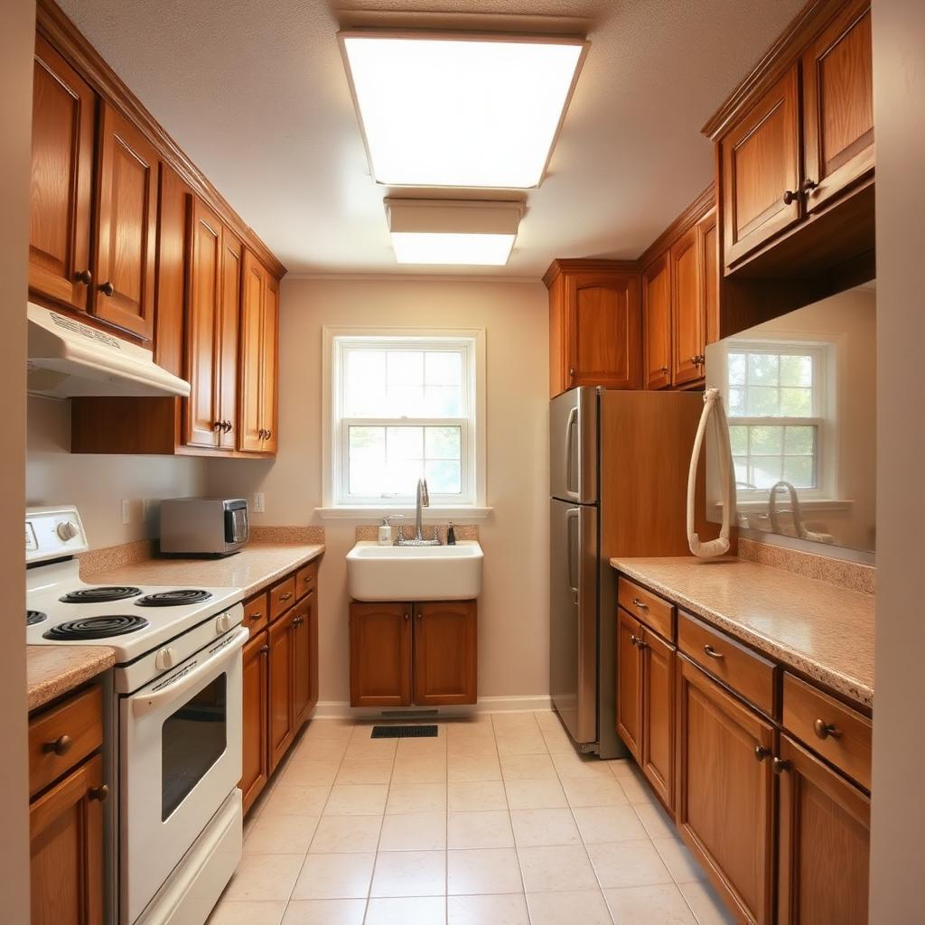 Dated 1990s kitchen with oak cabinets and laminate countertops before AI kitchen redesign