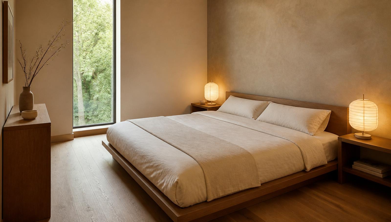 Same bedroom redesigned in warm Japandi style with oak platform bed, linen bedding and limewash wall