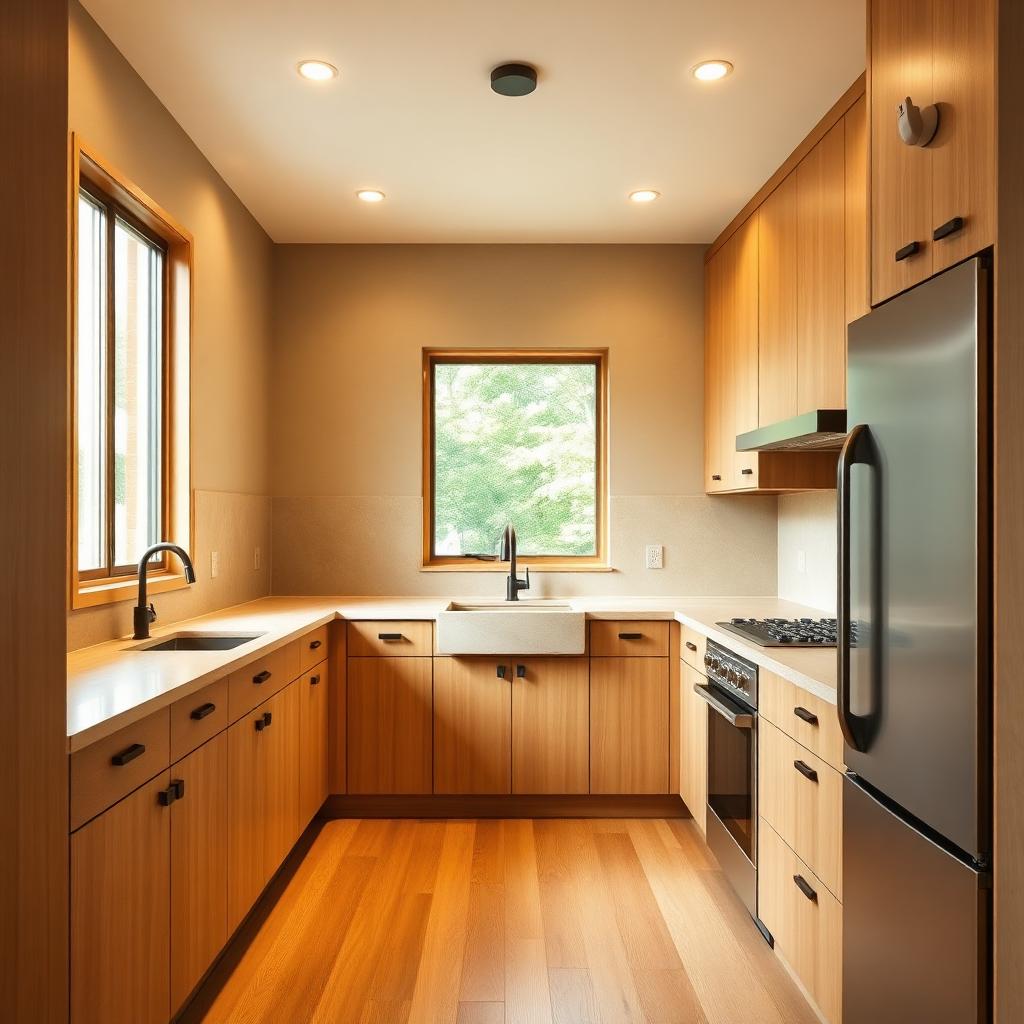Same galley kitchen redesigned in warm Japandi style with oak cabinetry and honed stone countertops