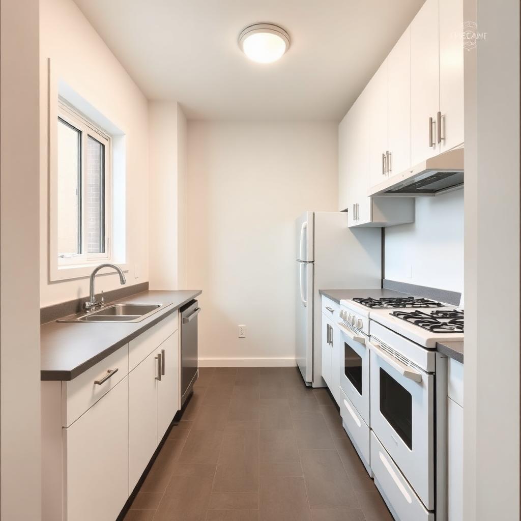 Plain white galley apartment kitchen with basic cabinets before AI kitchen redesign