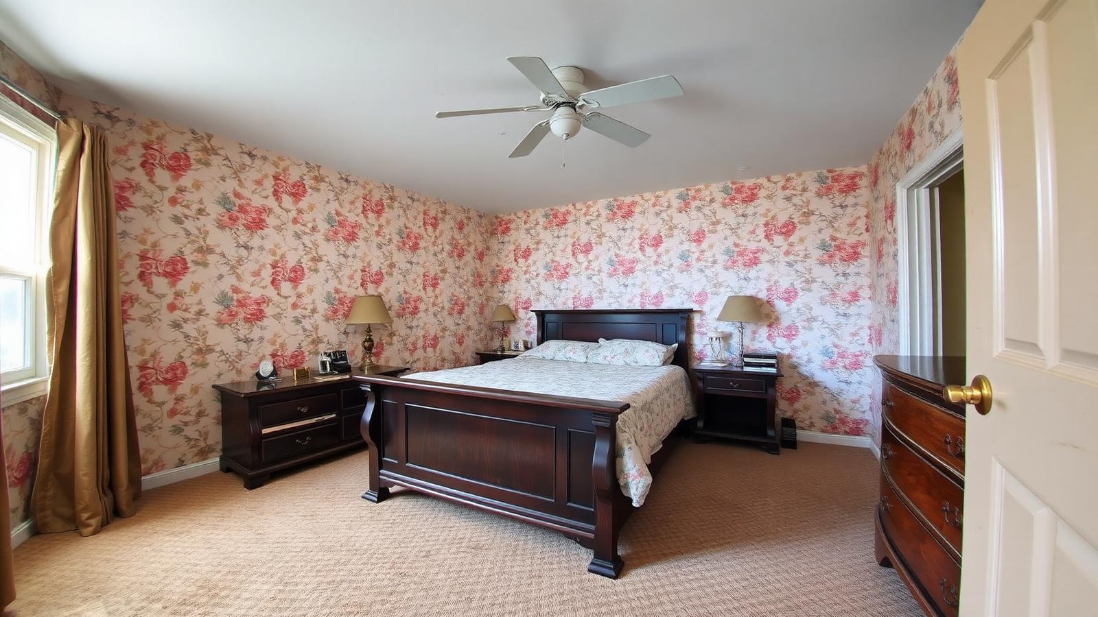 Dated bedroom with floral wallpaper before AI interior redesign