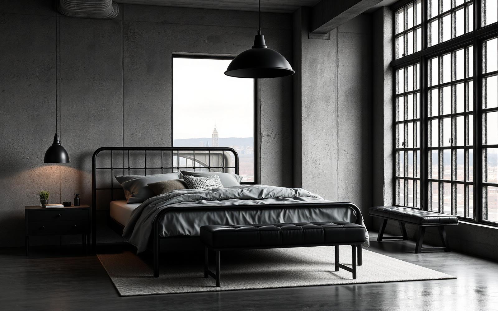 Industrial bedroom with dark metal details, concrete texture and warm architectural lighting