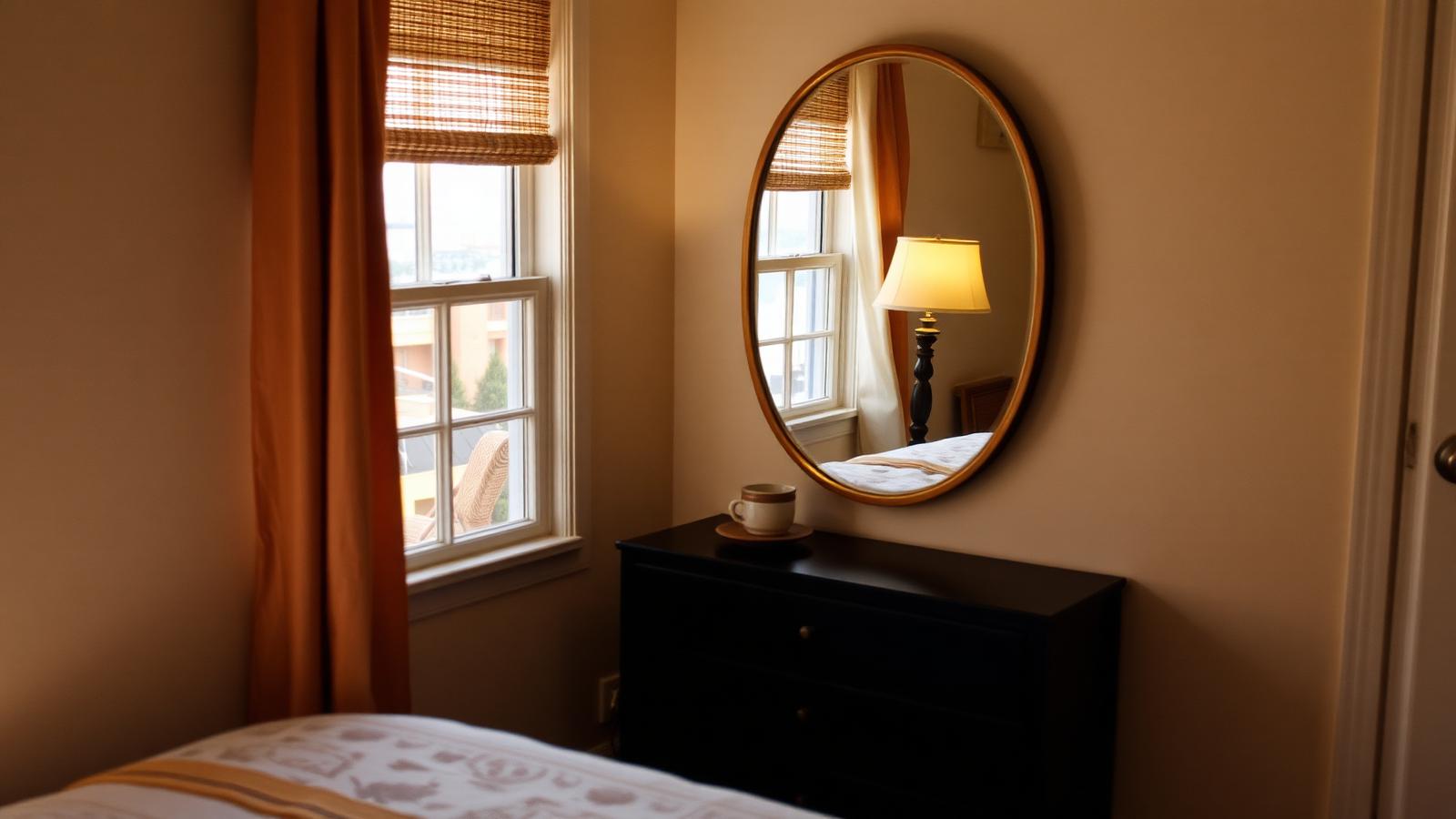 Small bedroom corner with an oval mirror above a dark dresser reflecting a warm table lamp and the window across the room, doubling the light