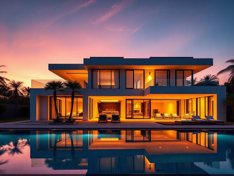 Modern villa exterior at sunset with infinity pool, warm facade lighting and clean architectural lines